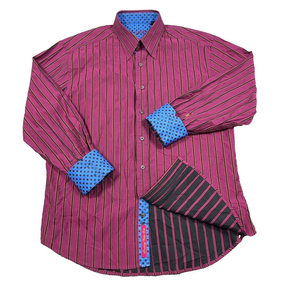 Robert Graham Shirt Men‎ XL Maroon Striped Button Up Spotted Flip Cuff Dress